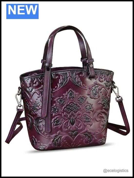 Handbags - Genuine Leather Satchel Handbag with Embossed Pattern, 3-in-1 Wear, Handmade